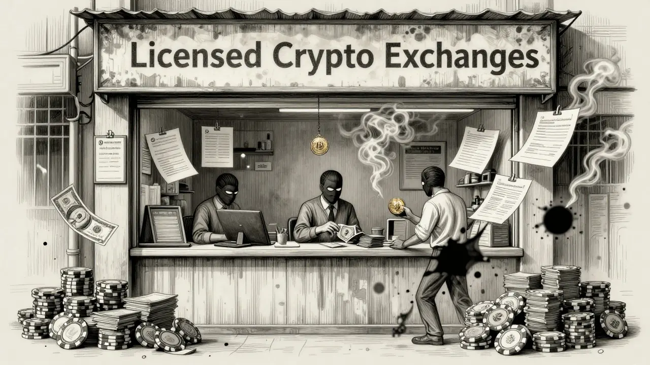 Money laundering storefront in Phnom Penh exchanging cash for crypto behind a licensed facade.