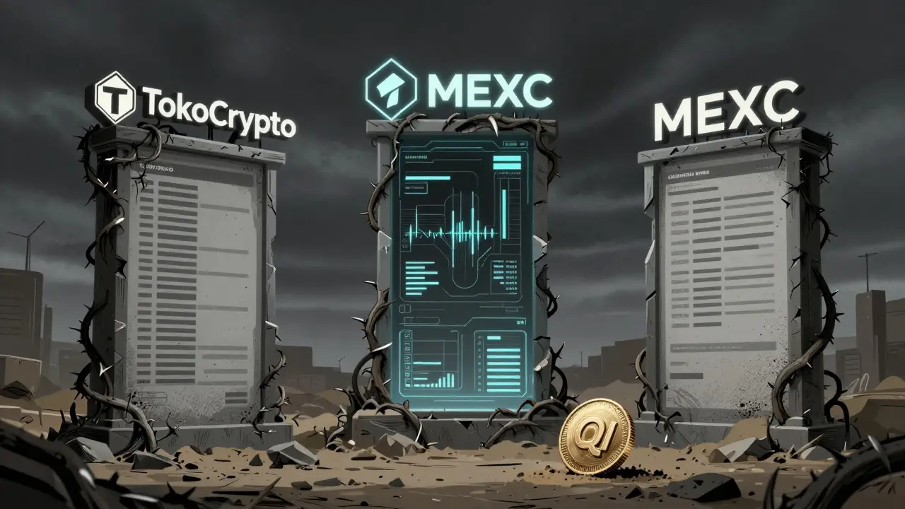 Three exchange pillars in a storm, one glowing with AI tools while the others crumble into emptiness.