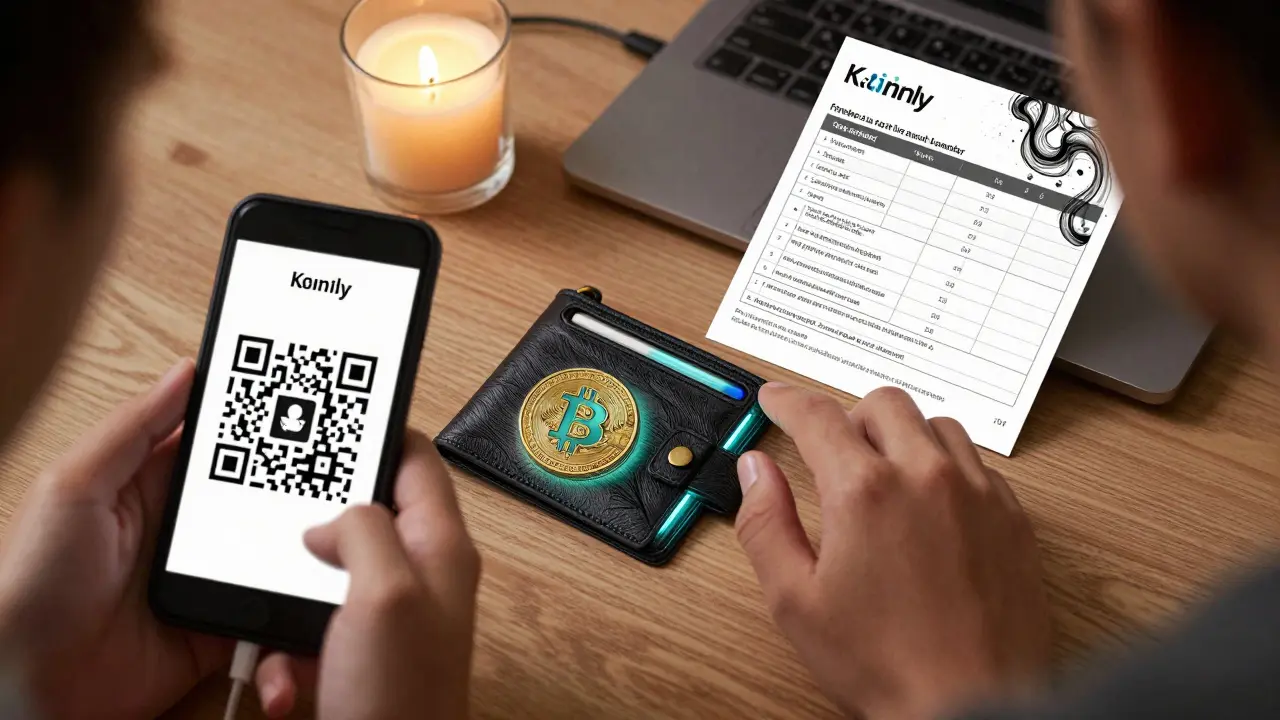 A fan scans a QR code to send crypto to a creator, with a hardware wallet and tax report nearby, all rendered in detailed etching.
