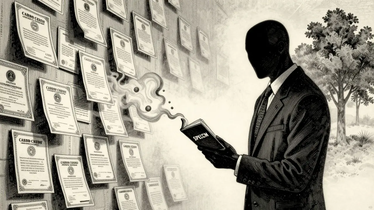 A figure holding a ledger of dissolving carbon certificates, with a half-visible tree in fog.