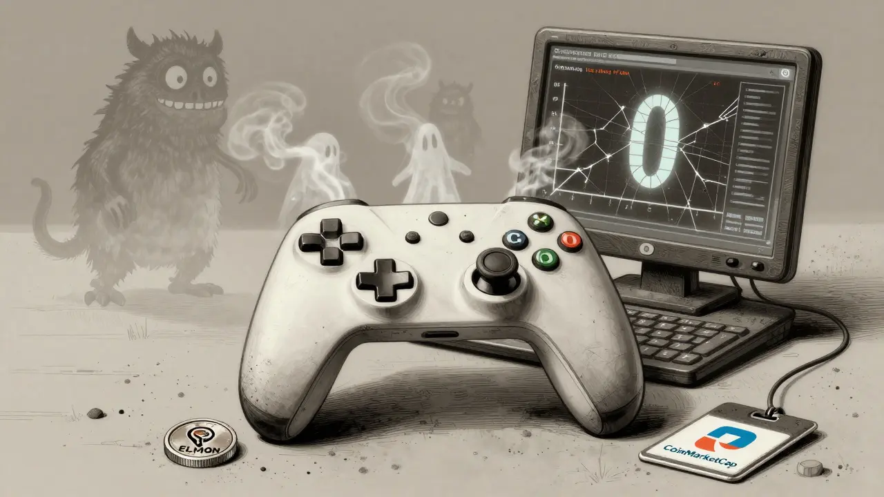 A ghostly game controller hovers above a dusty desk with fading monsters and a single ELMON token on the floor.