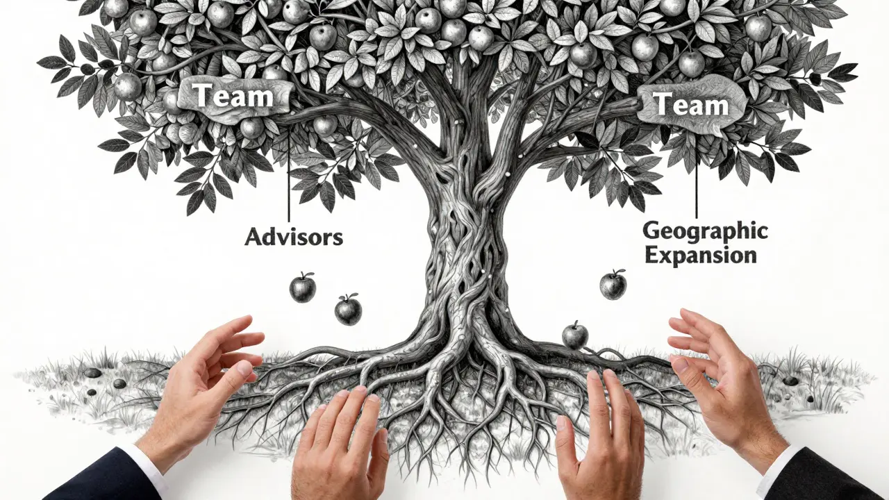 A symbolic tree with vesting-rooted branches, dropping tokens labeled Team, Advisors, and Geographic Expansion.