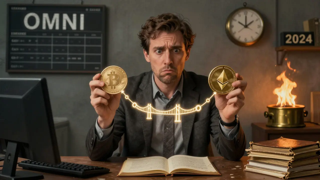 A trader confused by two identical OMNI coins—one old Bitcoin, one new Ethereum—under a misleading exchange board.