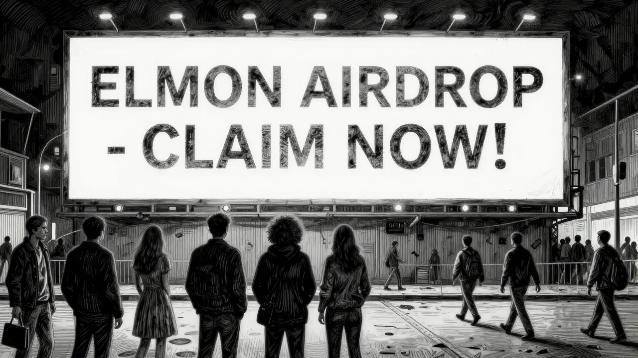 Crowds stand before a fading ELMON airdrop billboard as others walk away into shadow, symbolizing lost opportunity.