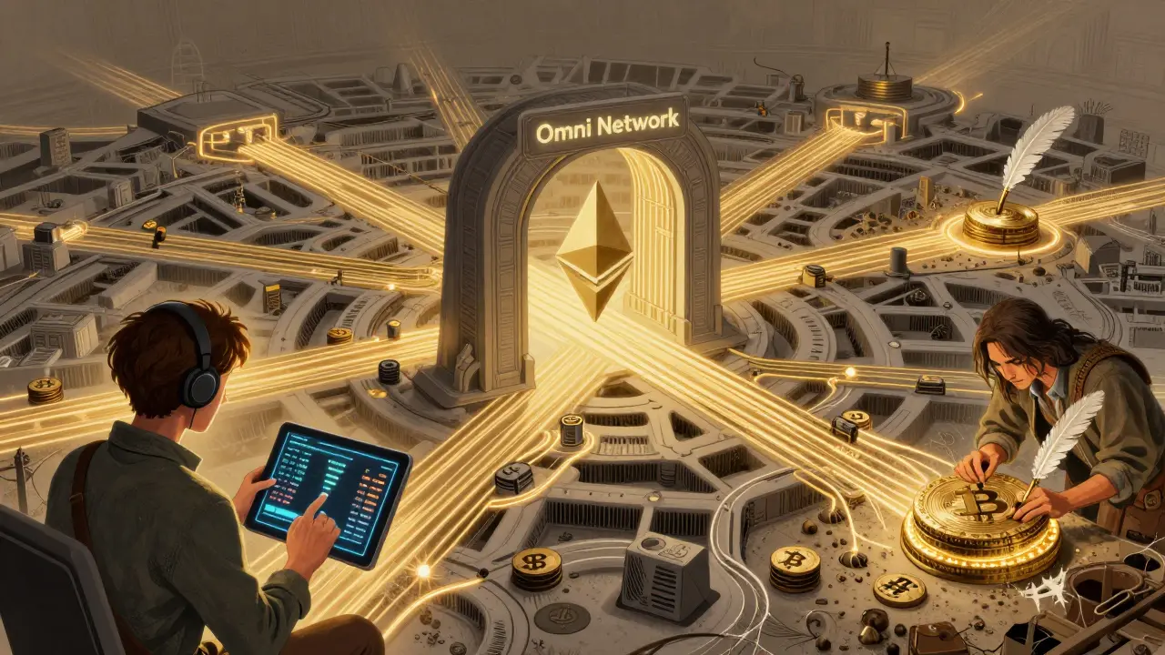 Futuristic Omni Network unifying Ethereum rollups with golden restaking threads, while a relic figure works with Bitcoin in the background.