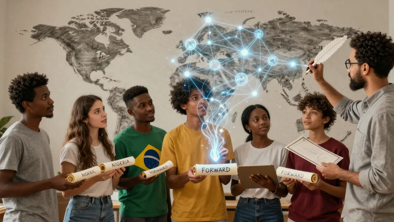 Learners around the world receiving FORWARD tokens from smart contract scrolls, with a certificate becoming a digital node.