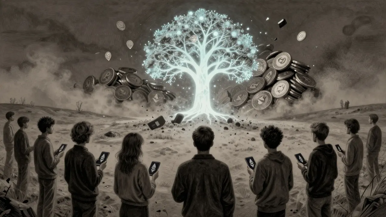 People watching a fading holographic tree above barren land, as tokens crumble to dust.