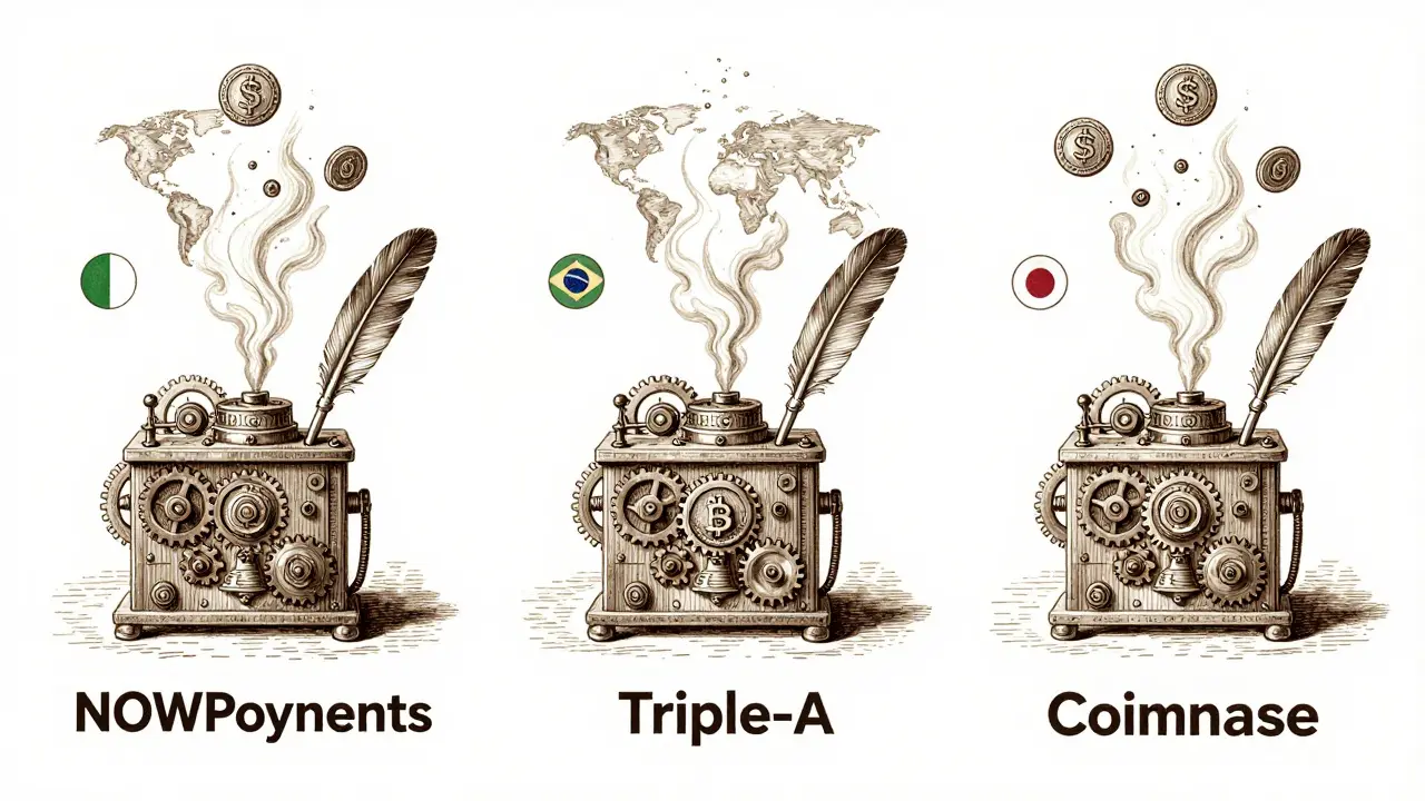 Three crypto payment gateways depicted as intricate mechanical devices converting digital coins into USD, surrounded by global symbols.
