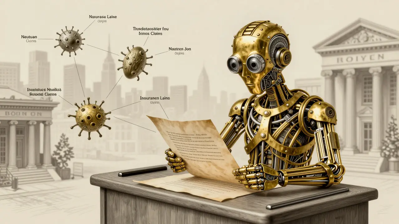 A brass self-driving bank teller reading contracts with floating Neutron Seeds automating financial transactions.