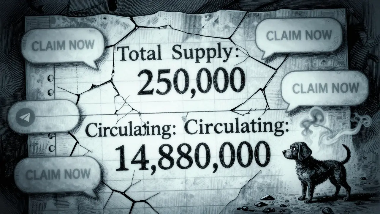 A cracked blockchain ledger showing impossible supply numbers, surrounded by fake Telegram scam messages.