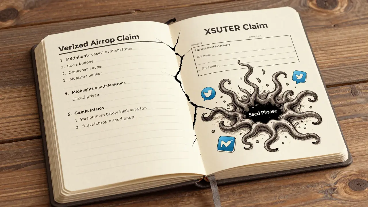 A cracked ledger showing real airdrops on one side and a fake XSUTER form being consumed by ink tentacles.