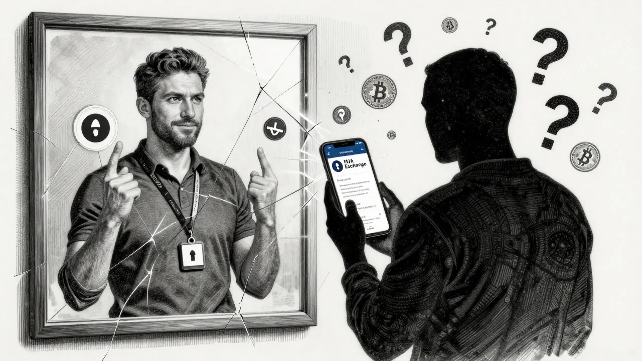 A cracked mirror showing real vs. fake crypto exchanges in detailed etching style.