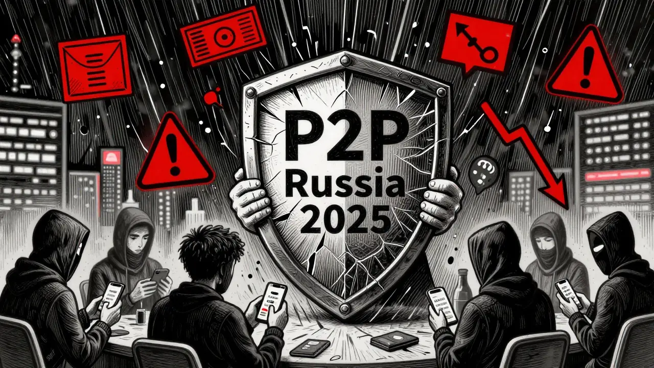 A cracked shield protecting traders from crypto risks like frozen accounts and scams in a dark city.