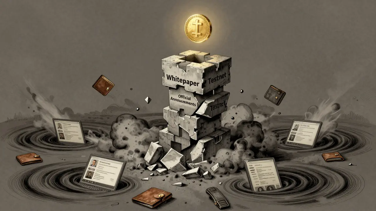 A crumbling digital tower collapsing into ash while a single token hovers above, surrounded by scam vortexes.