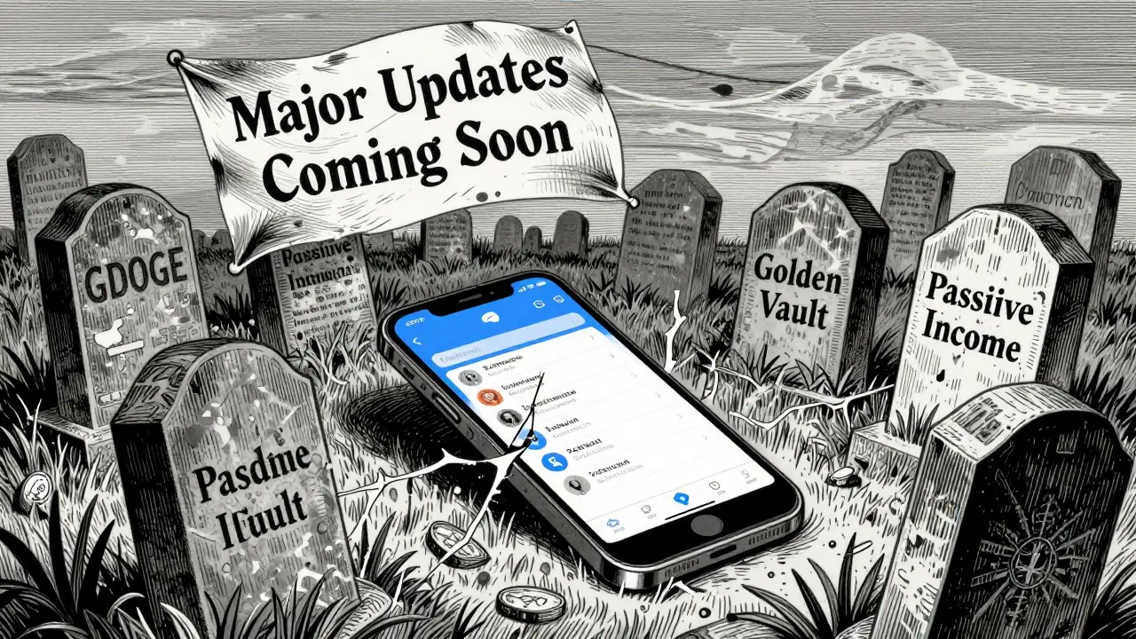 A crypto graveyard with tombstones for failed tokens, a broken smartphone, and a faded &#039;updates coming&#039; poster.