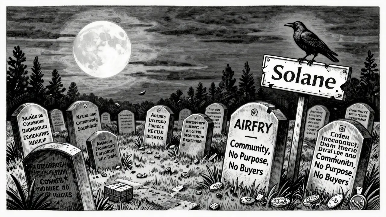 A crypto token graveyard with a headstone for AIRFRY under a Solana moonlit sky.