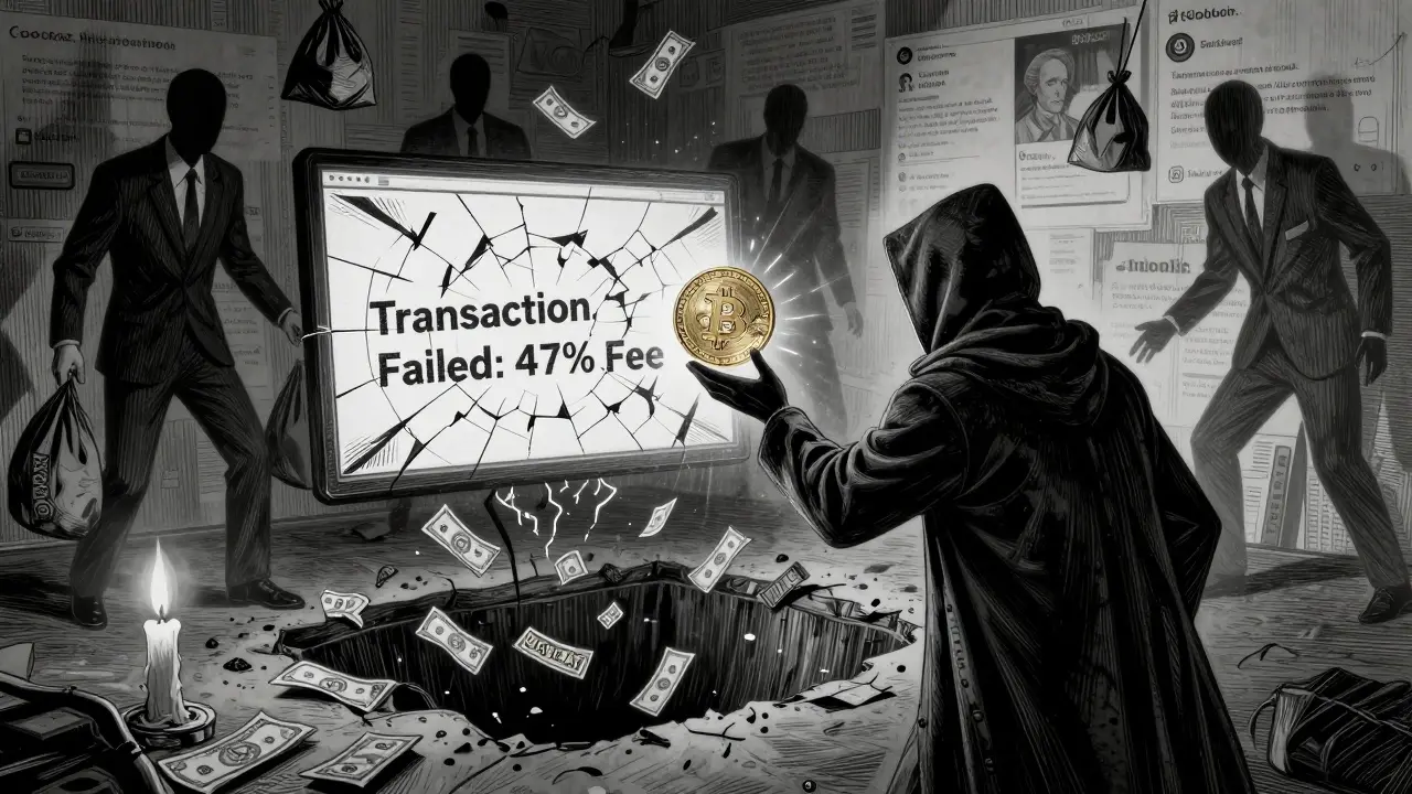 A figure reaching for a trapped token while shadowy figures dump money into a pit, etched in high-contrast detail.