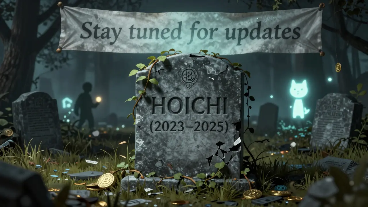 A forgotten tombstone for HOICHI in a digital graveyard, with fading messages and shadowy rival tokens in etching style.