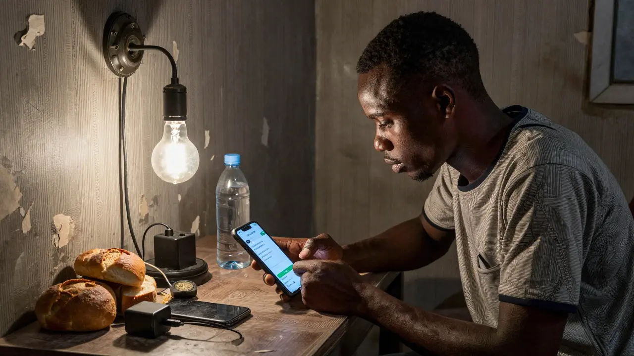 A freelancer in Nigeria receiving ETN payment on their phone, with everyday items bought using crypto nearby.