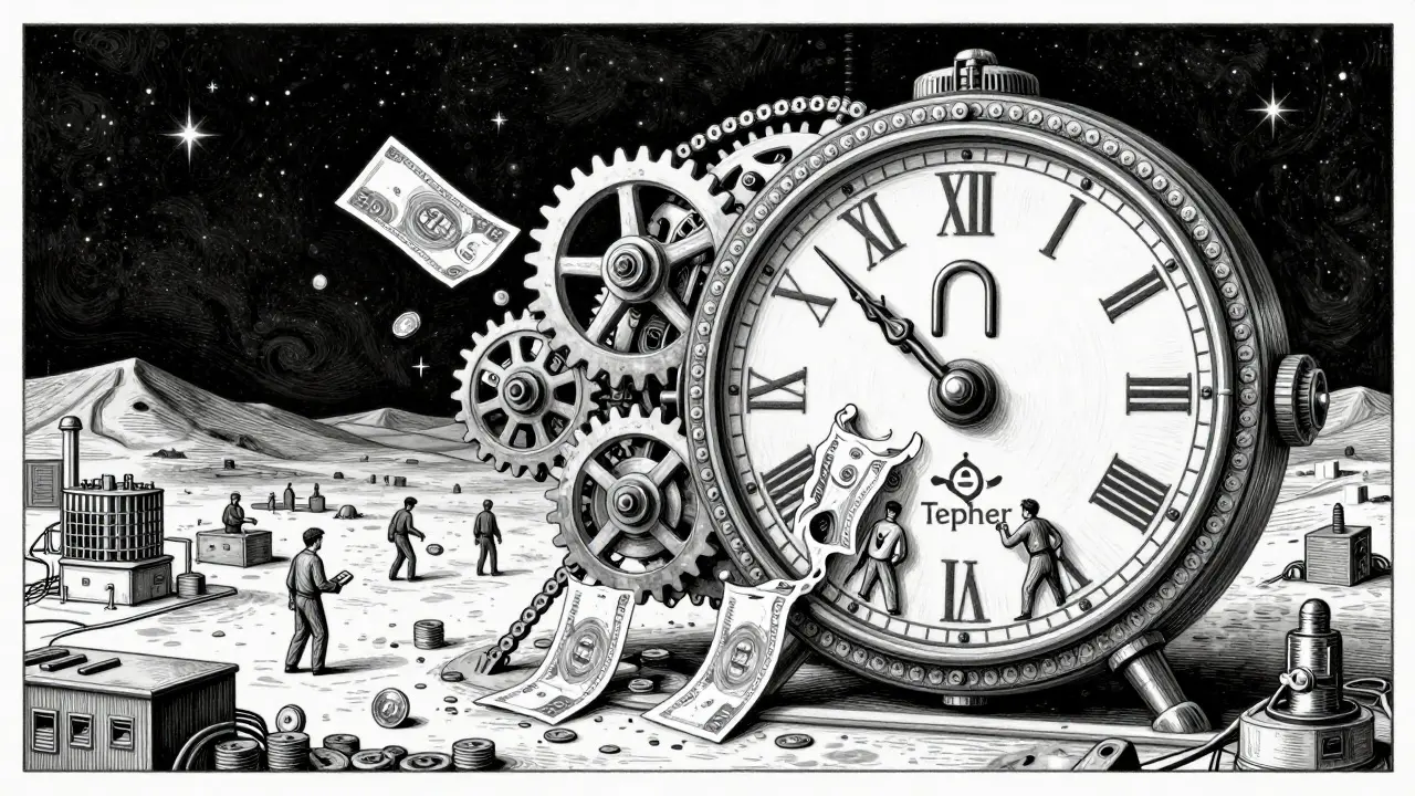 A giant clockwork digital rial system traps citizens, while Bitcoin flows overseas through desert mines.