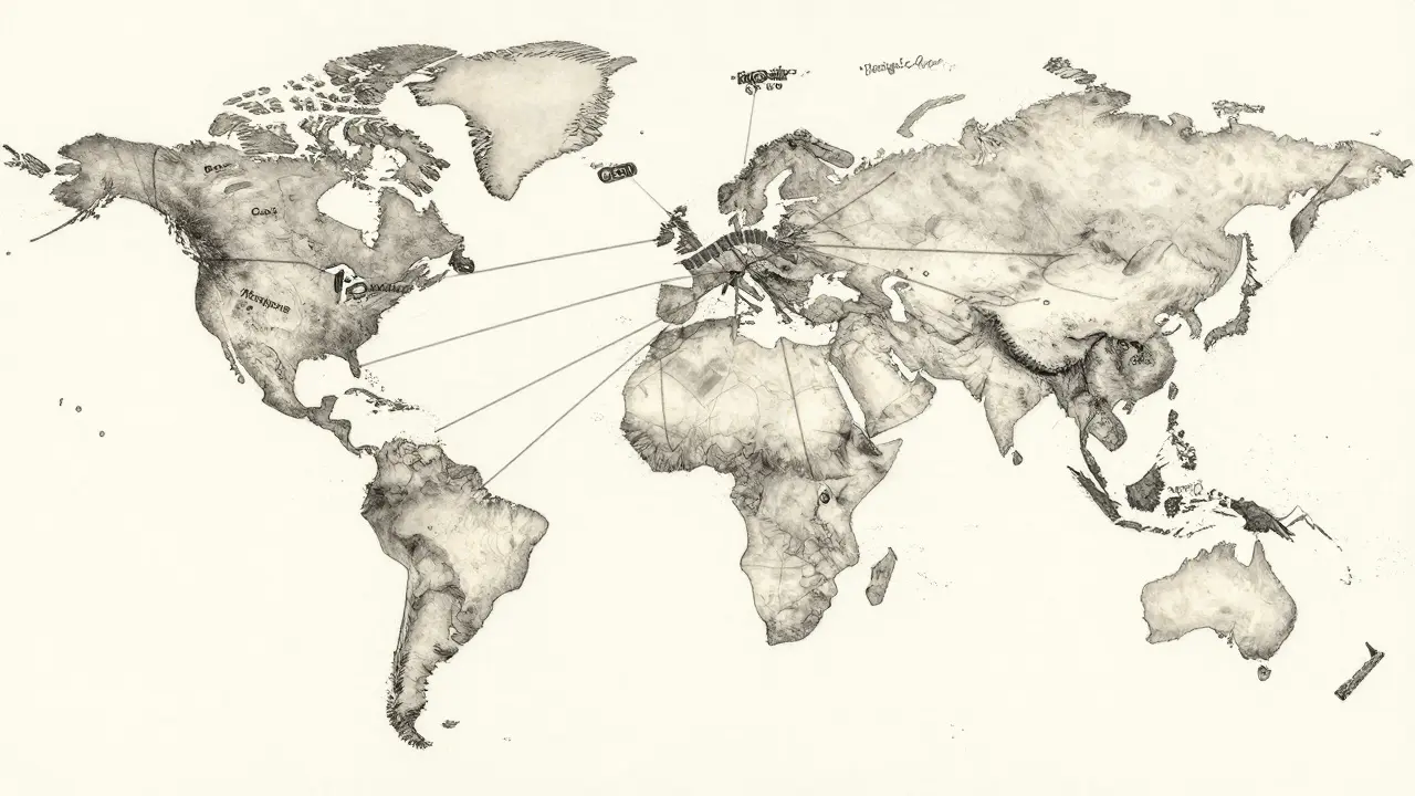 A global map showing stablecoin payment routes with regulatory barriers blocking some connections, illustrated in fine etched lines.