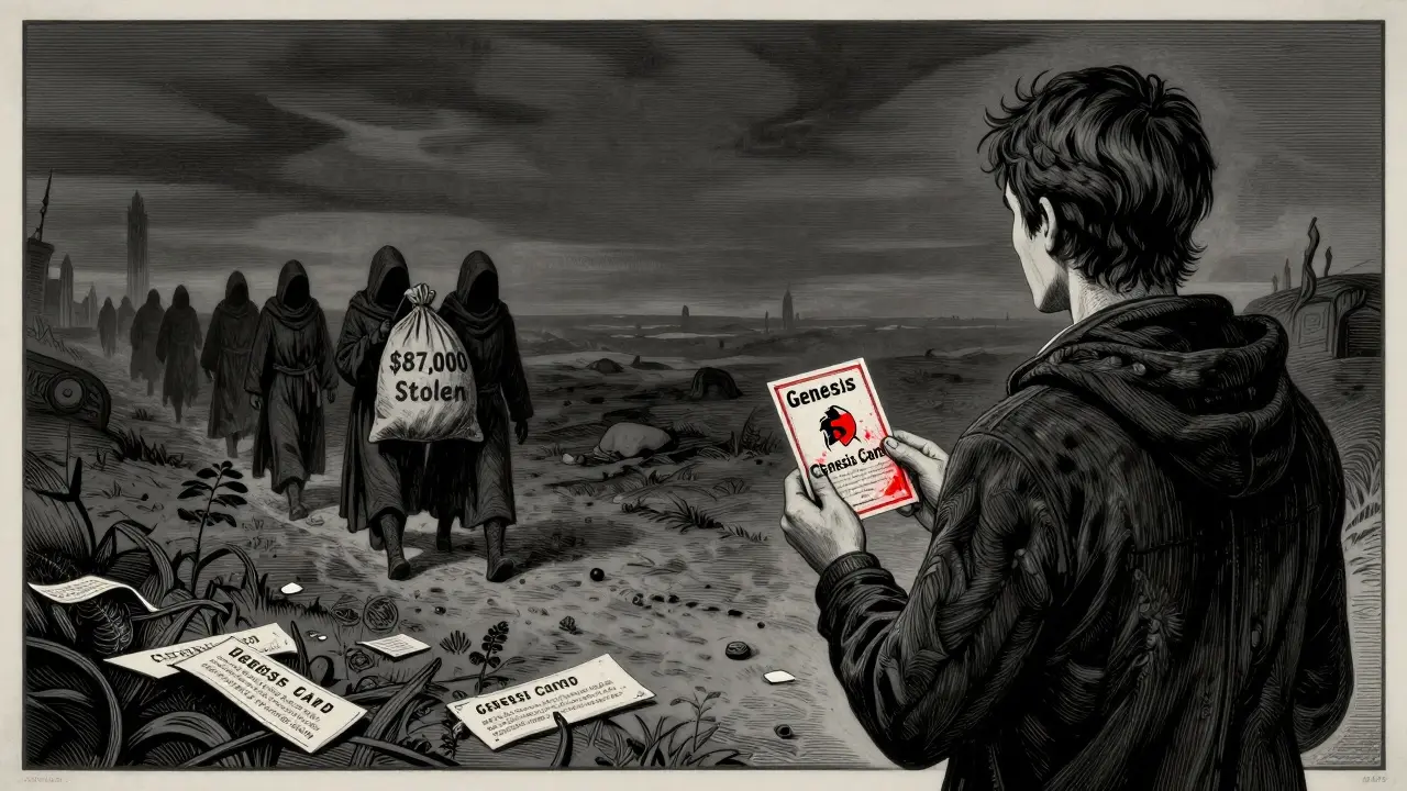 A person holding an NFT card in an empty metaverse, while shadowy figures carry away a sack labeled 'Stolen.'