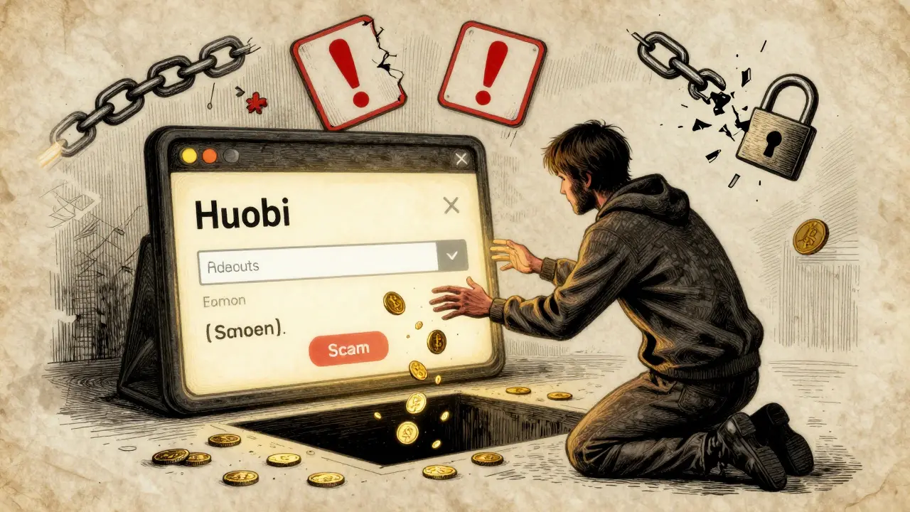 A person losing crypto to a void while deceptive trading screens glow ominously.