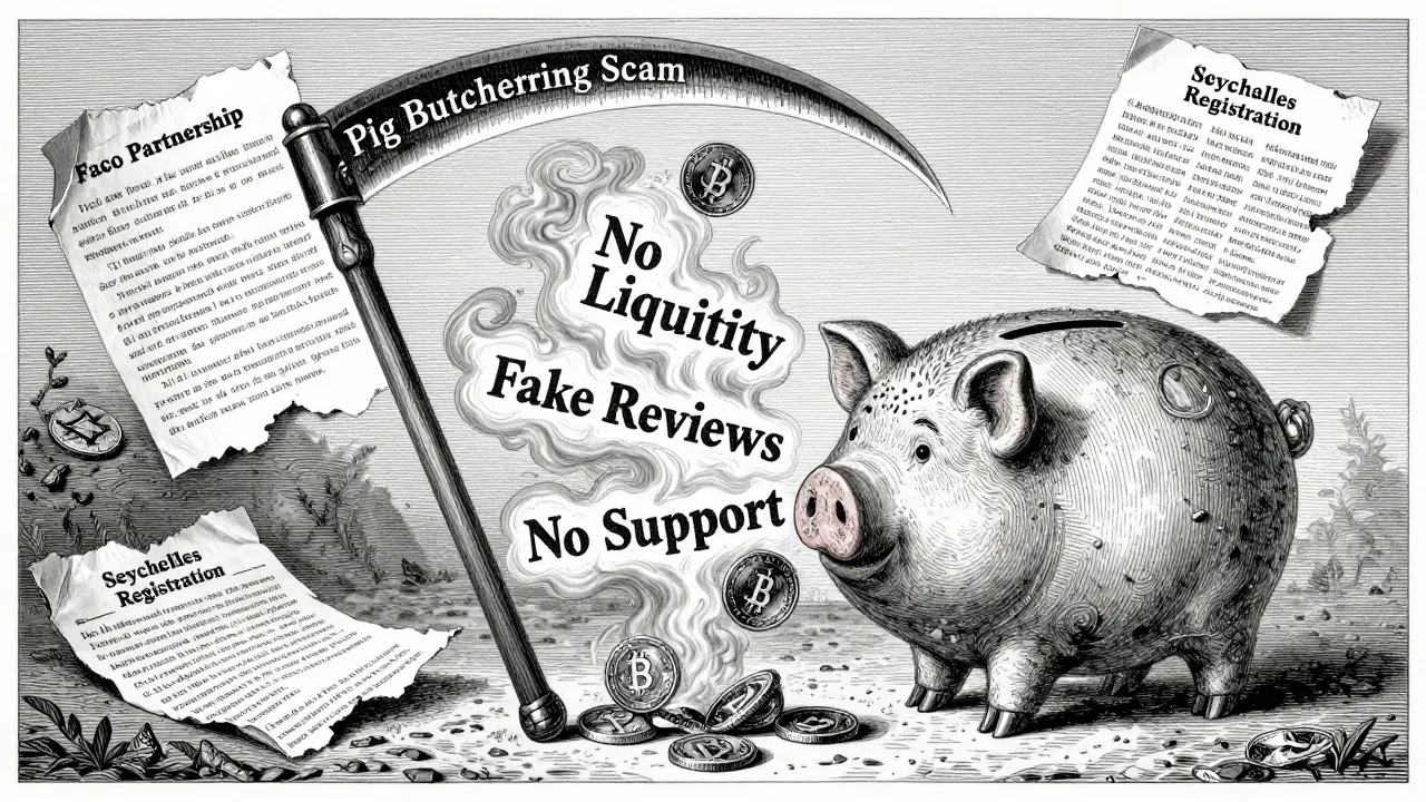 A piggy bank is being butchered as crypto coins spill into smoke forming scam warnings, surrounded by torn documents and regulatory labels.