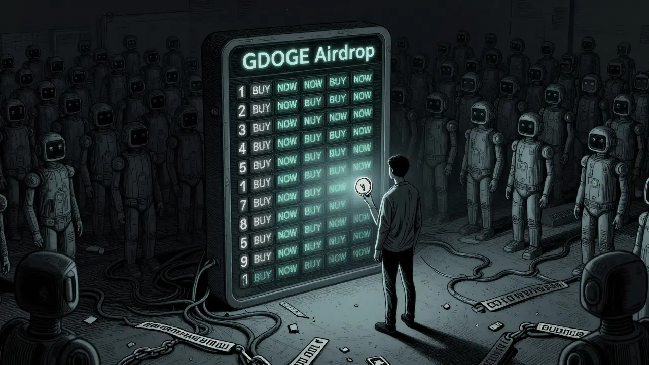 A solitary person before a giant GDOGE ledger, surrounded by endless bot silhouettes repeating &#039;BUY NOW&#039;.