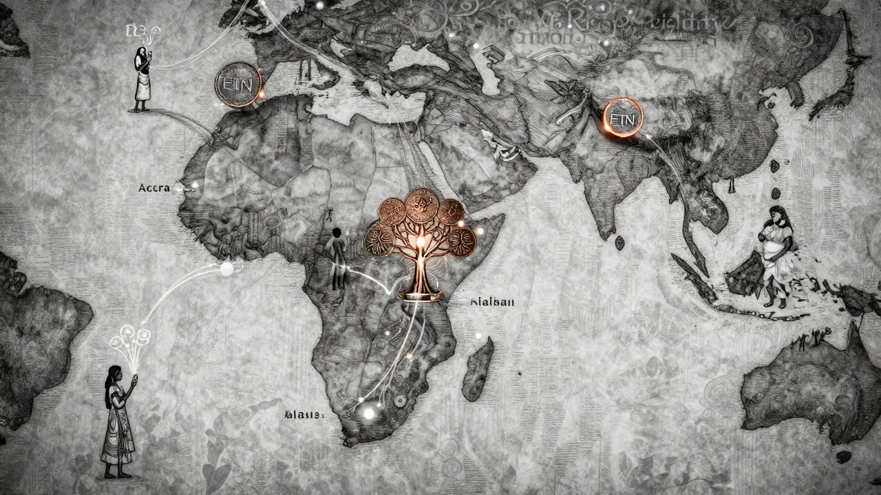A stylized map of Africa and Southeast Asia with ETN coins flowing between cities, connected by digital networks.