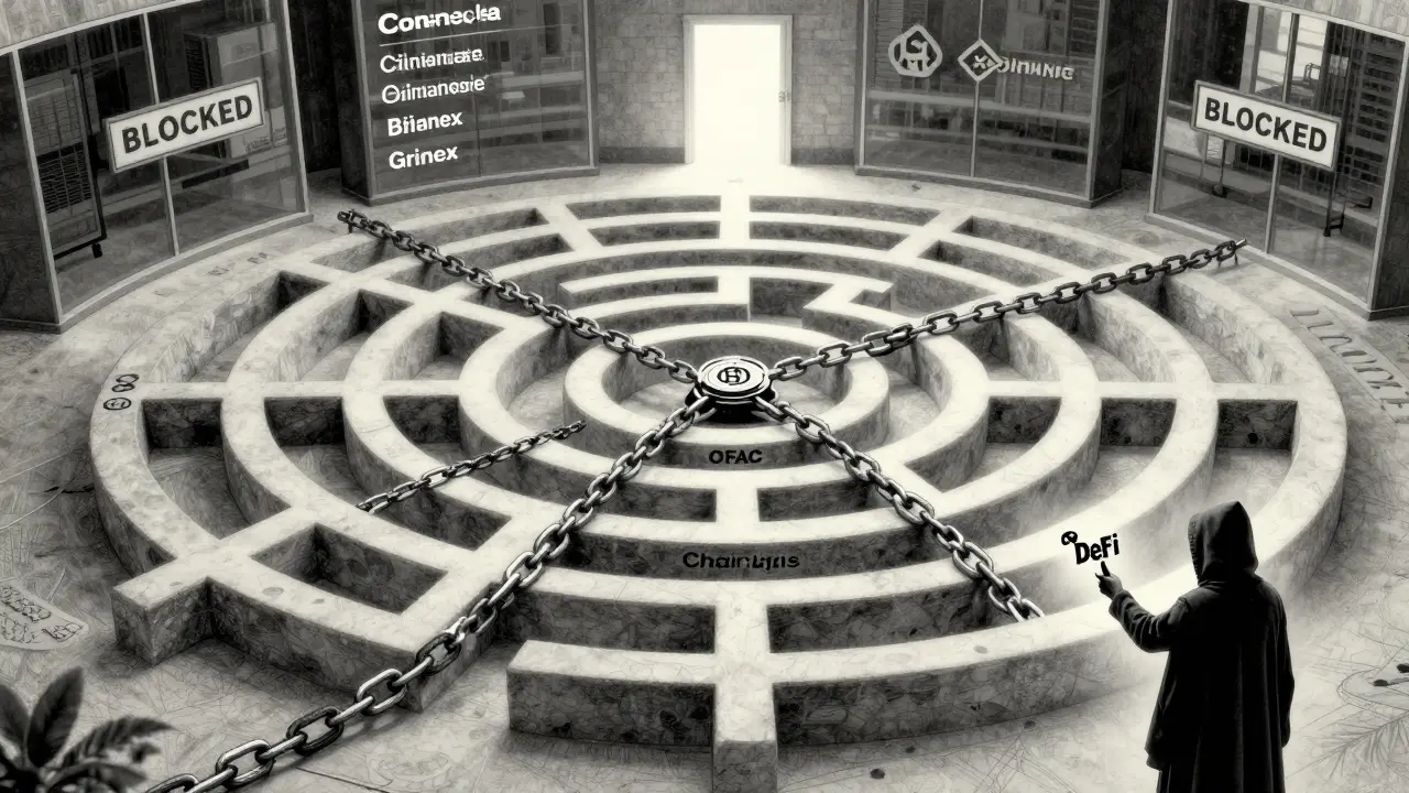 A tangled web of crypto wallets bound by OFAC chains, with blocked exchanges in the background and a DeFi key pointing to a distant door.