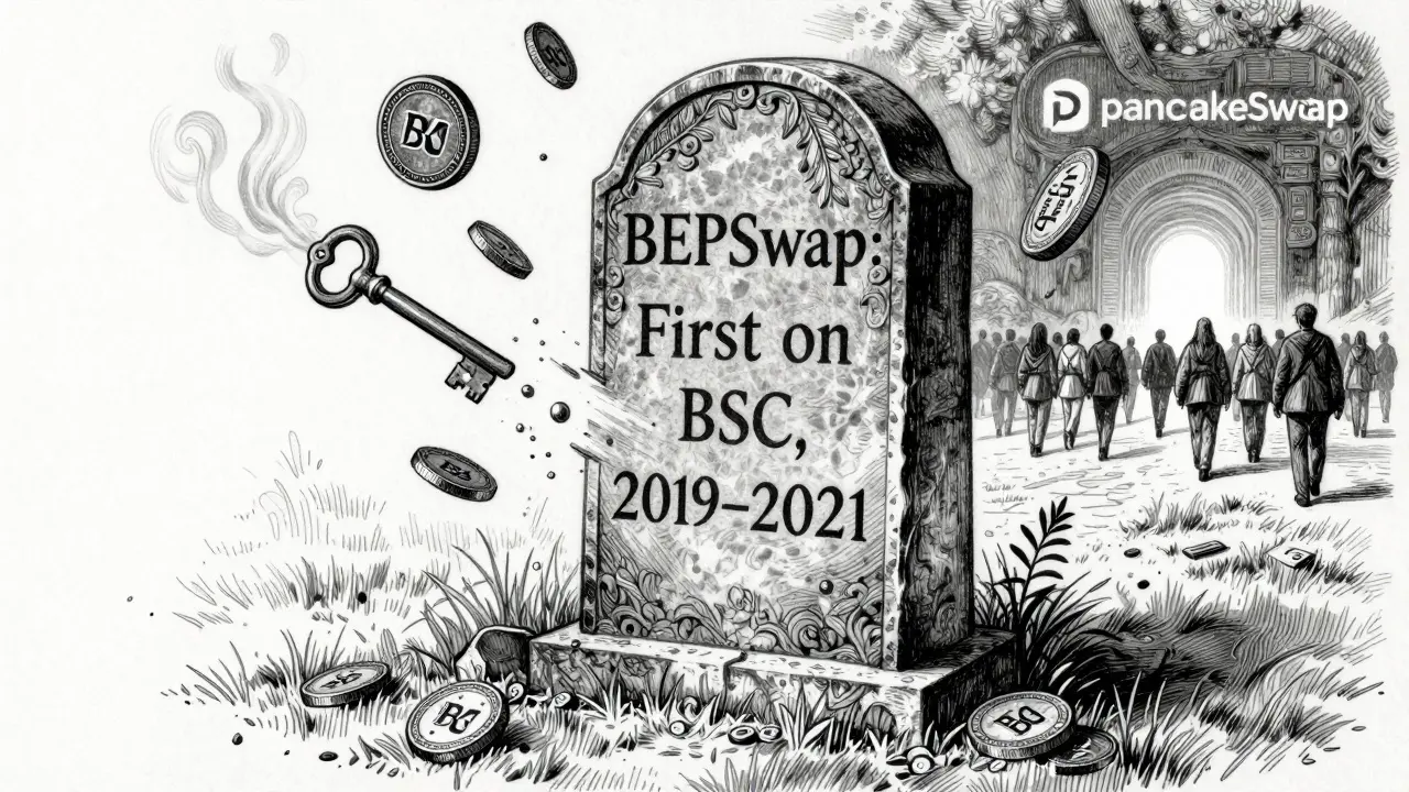 A tombstone for BEPSwap surrounded by dissolving tokens and a crowd walking toward PancakeSwap in the distance.