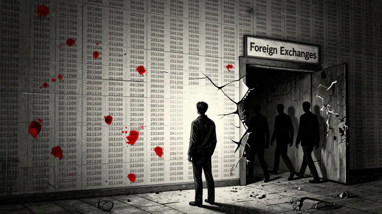 A trader facing a wall of unverified accounts as shadowy figures escape through a crack.