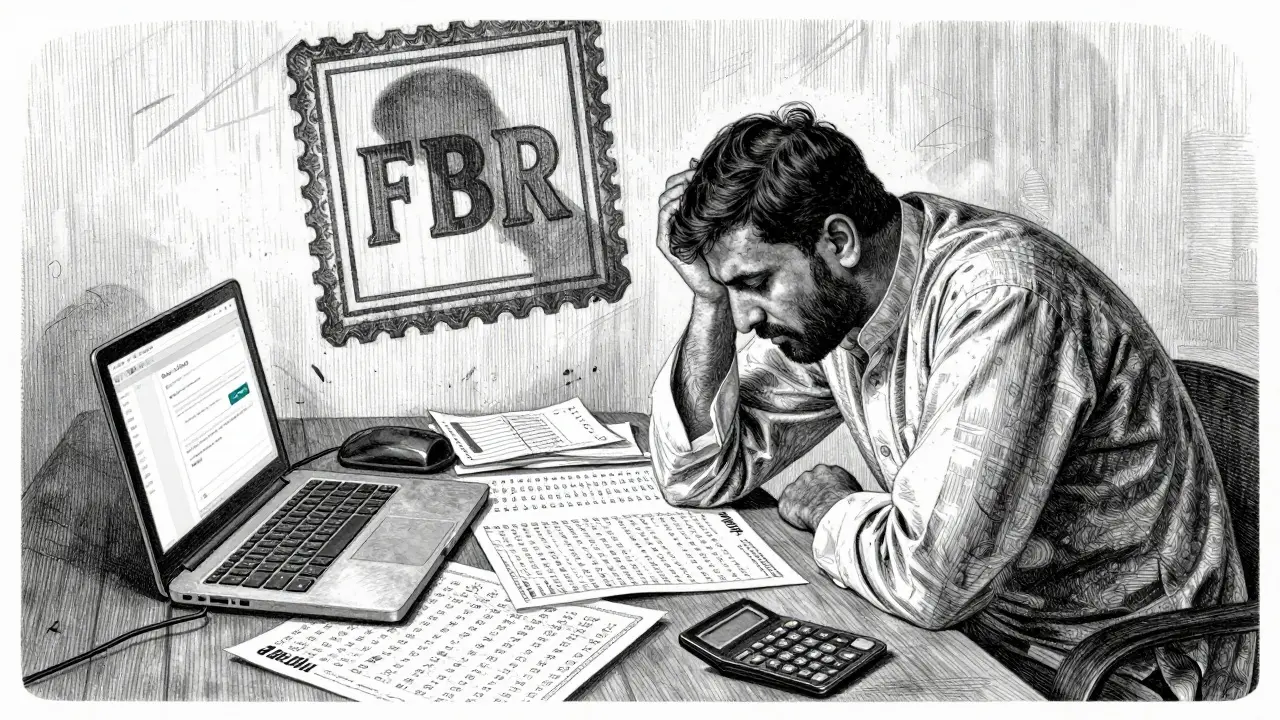 A trader surrounded by crypto transaction records and a looming FBR stamp, illustrating the struggle to comply with tax rules.