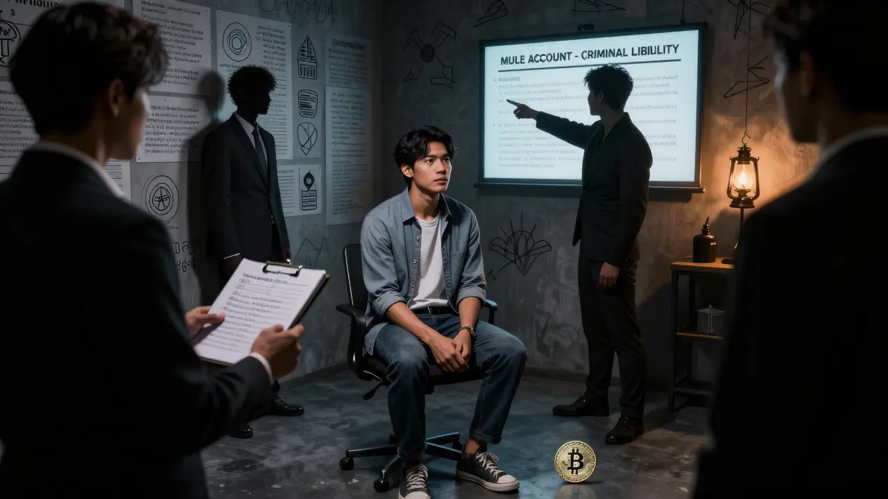 A young man being interrogated over mule account charges, with blockchain addresses and legal symbols in background.