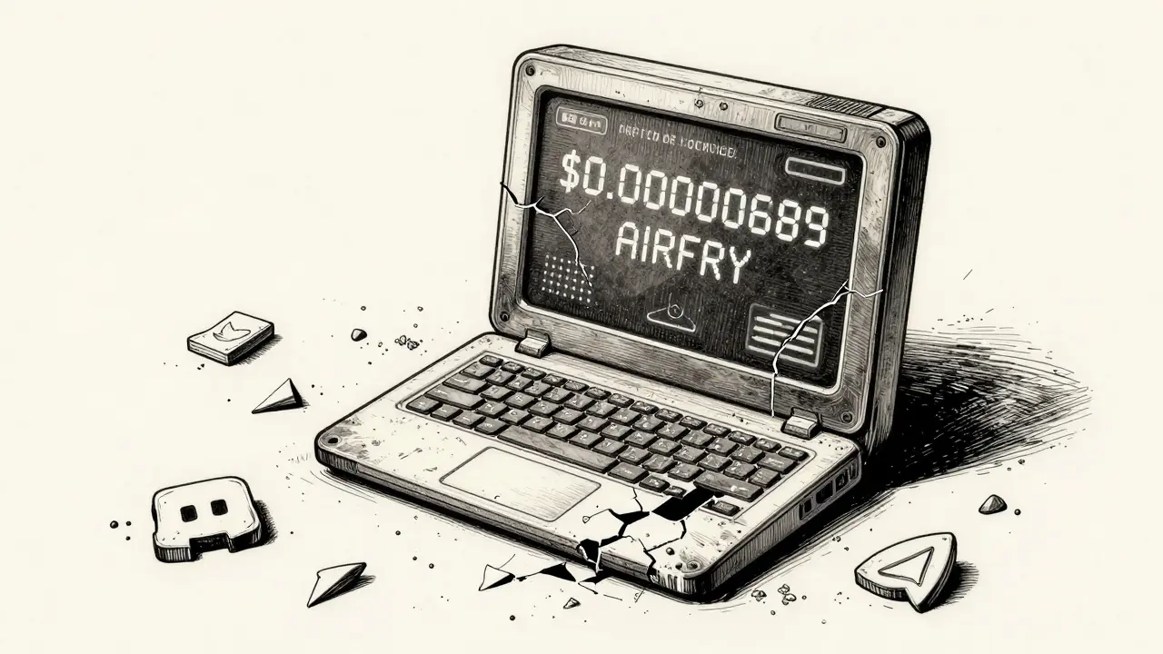 An abandoned crypto wallet displays a near-zero AIRFRY price amid shattered social media icons.