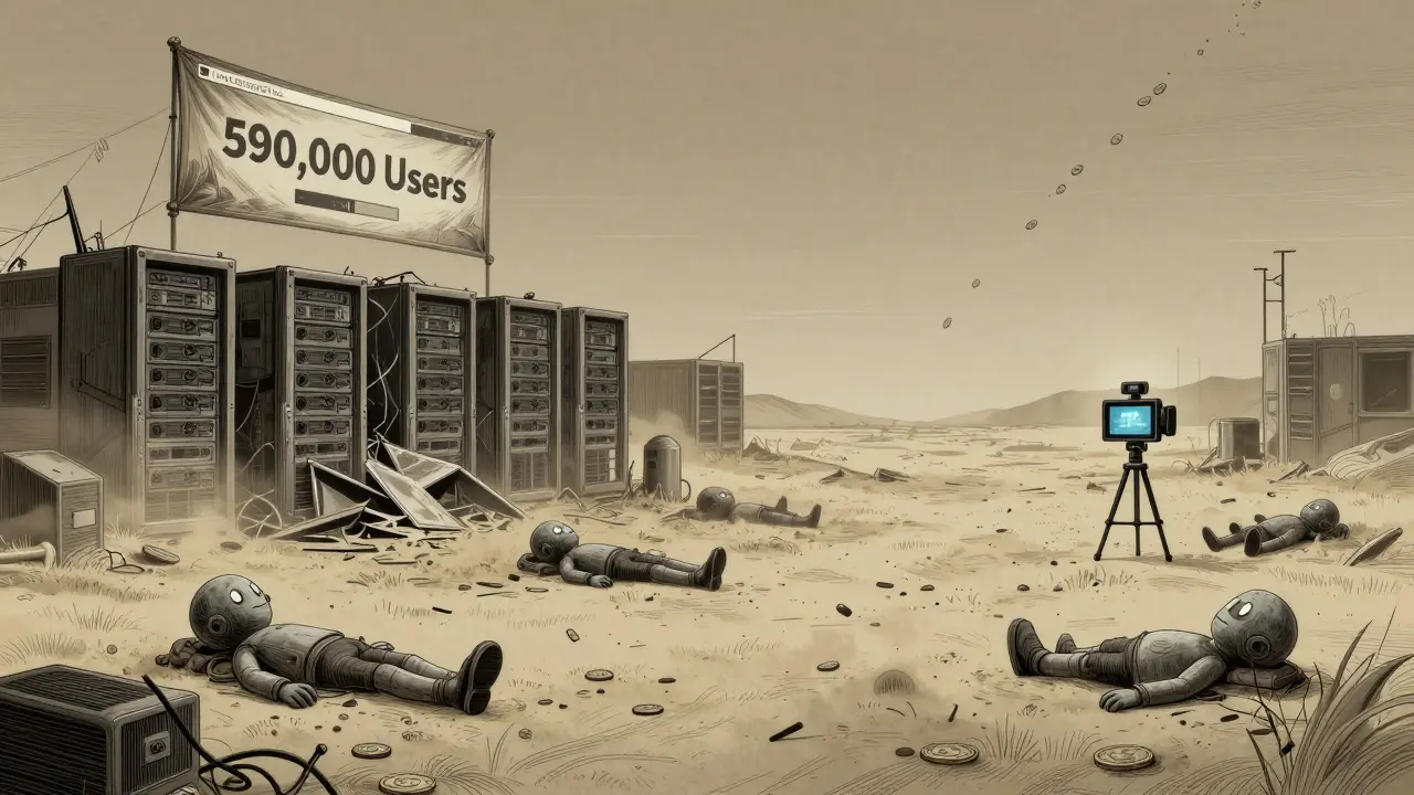 An abandoned digital ghost town with broken NFTs and a fading ad banner, drawn in intricate etching lines.