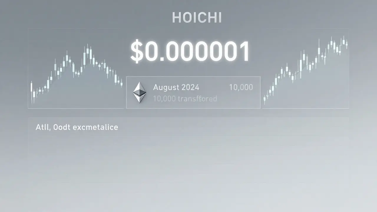 An empty crypto exchange dashboard showing HOICHI with a ghost price and one lone transaction in etching style.