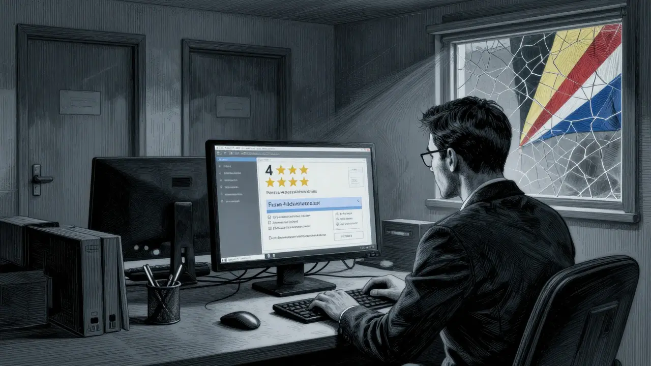 An investor stares at a flickering screen showing fake ratings and frozen withdrawals, while a shadowy, nameless office looms behind.