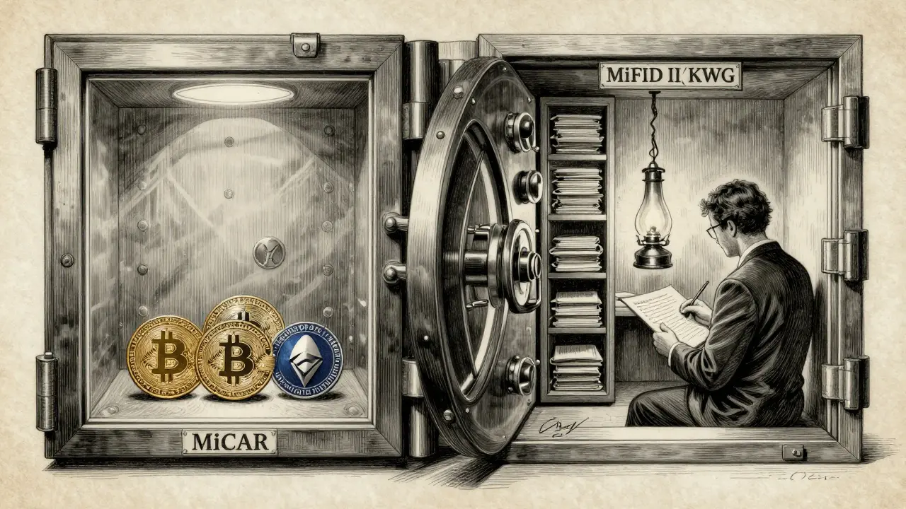 Bank vault divided between MiCAR crypto assets and MiFID II security tokens in detailed etching