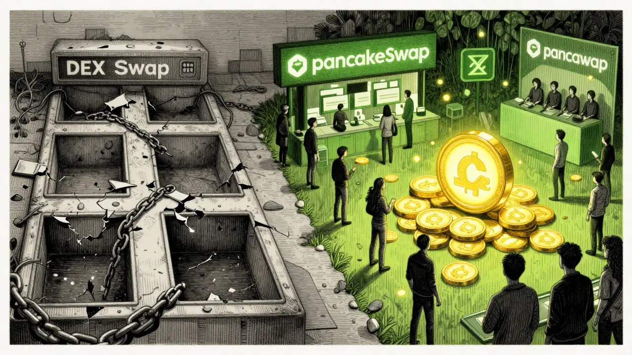 Contrasting etchings of abandoned BEPSwap and thriving PancakeSwap, showing decay versus community growth.