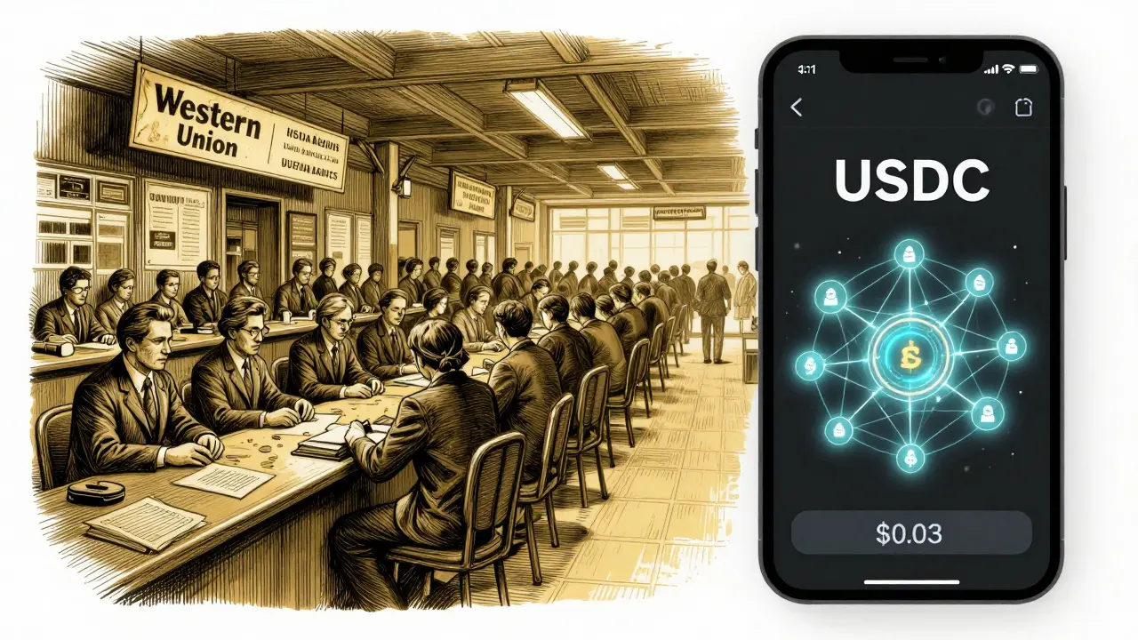 Contrasting scene: a crowded traditional money transfer office versus a fast, low-fee crypto transaction on a mobile app.