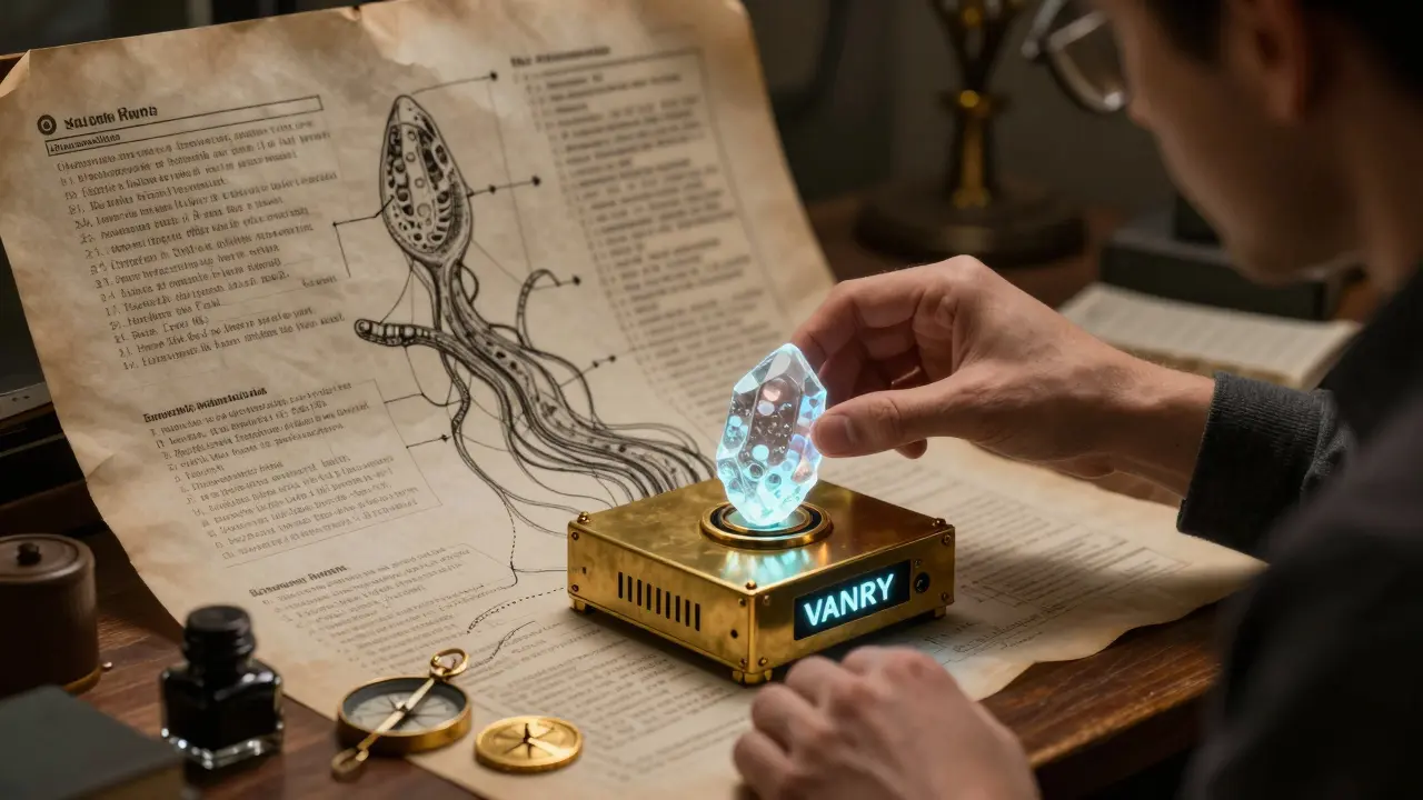 Developer placing a glowing Neutron Seed into a brass blockchain terminal surrounded by inked financial maps.