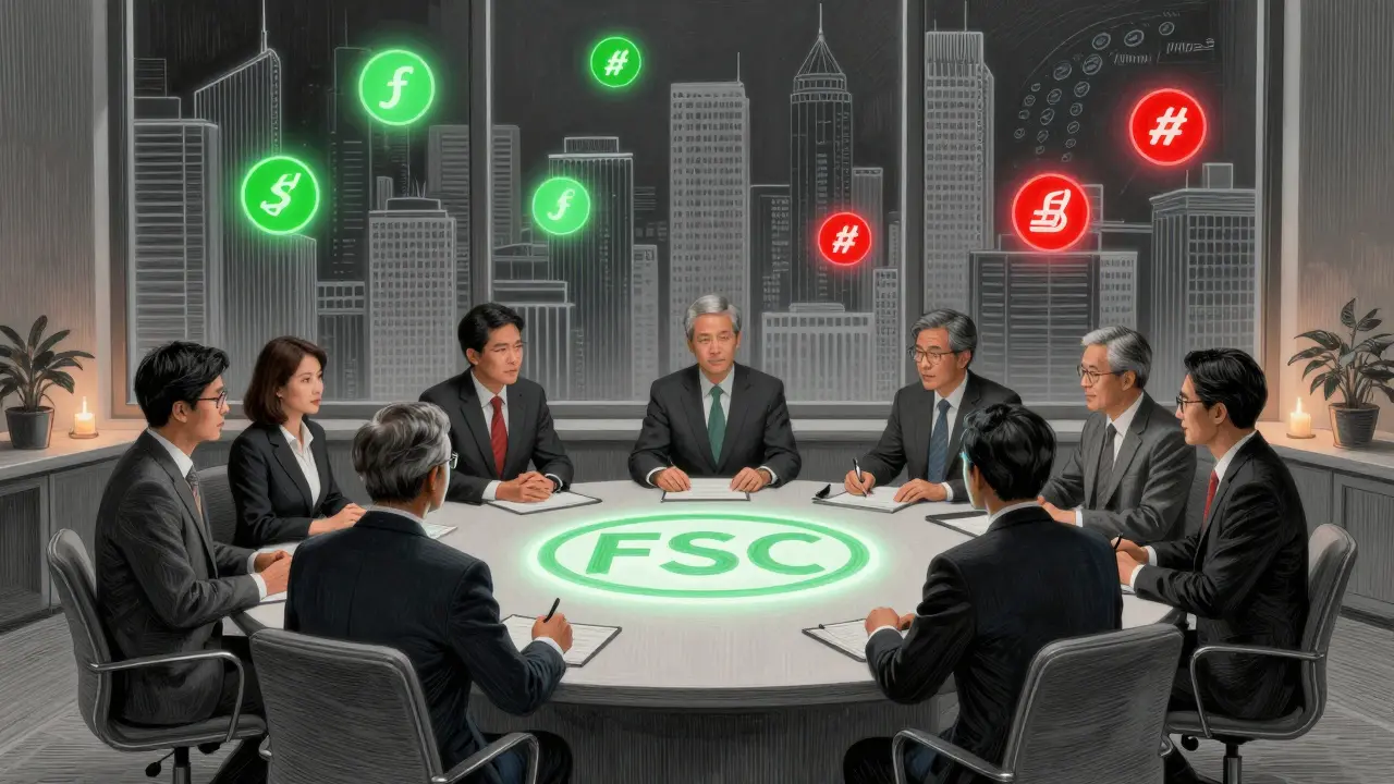 Exchange executives at a table with FSC logo, city skyline behind showing compliant and shut-down platforms.