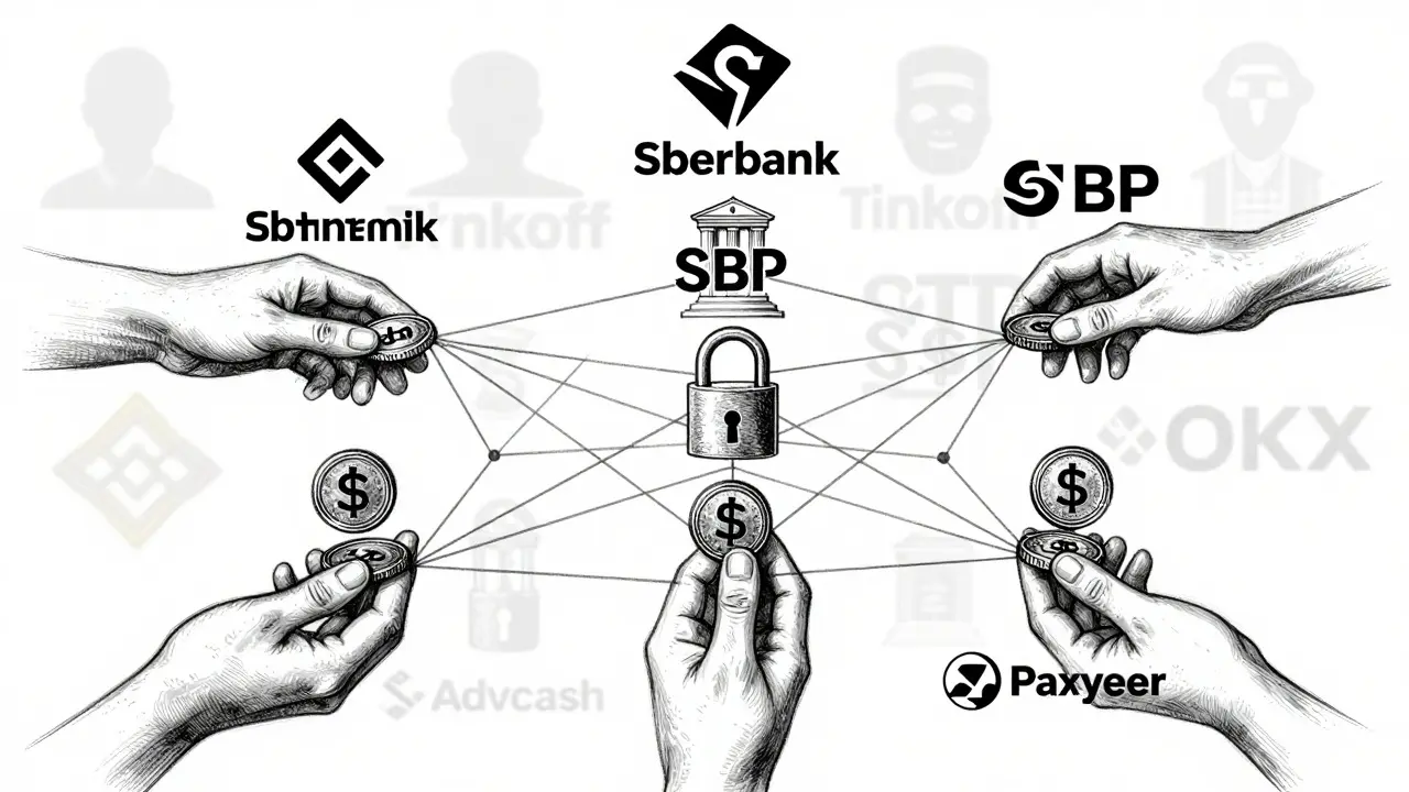 Interconnected hands passing digital tokens between Russian payment systems with escrow lock above.