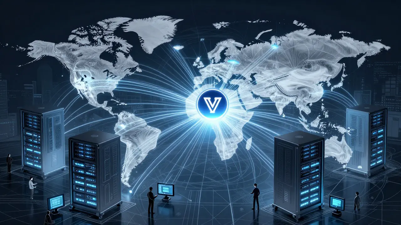 Intricate network of servers connecting global trading hubs with glowing data streams.