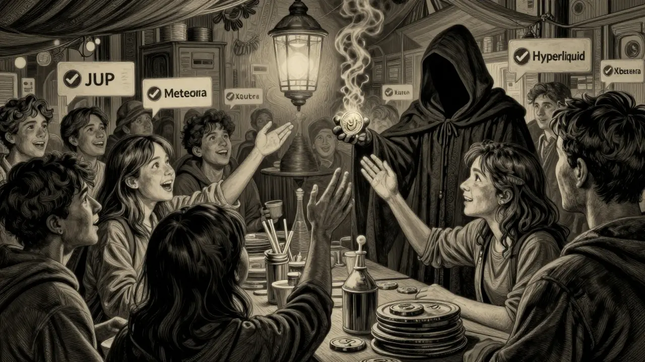 Marketplace with verified tokens glowing safely, while a fake XSUTER token dissolves into smoke in shadow.