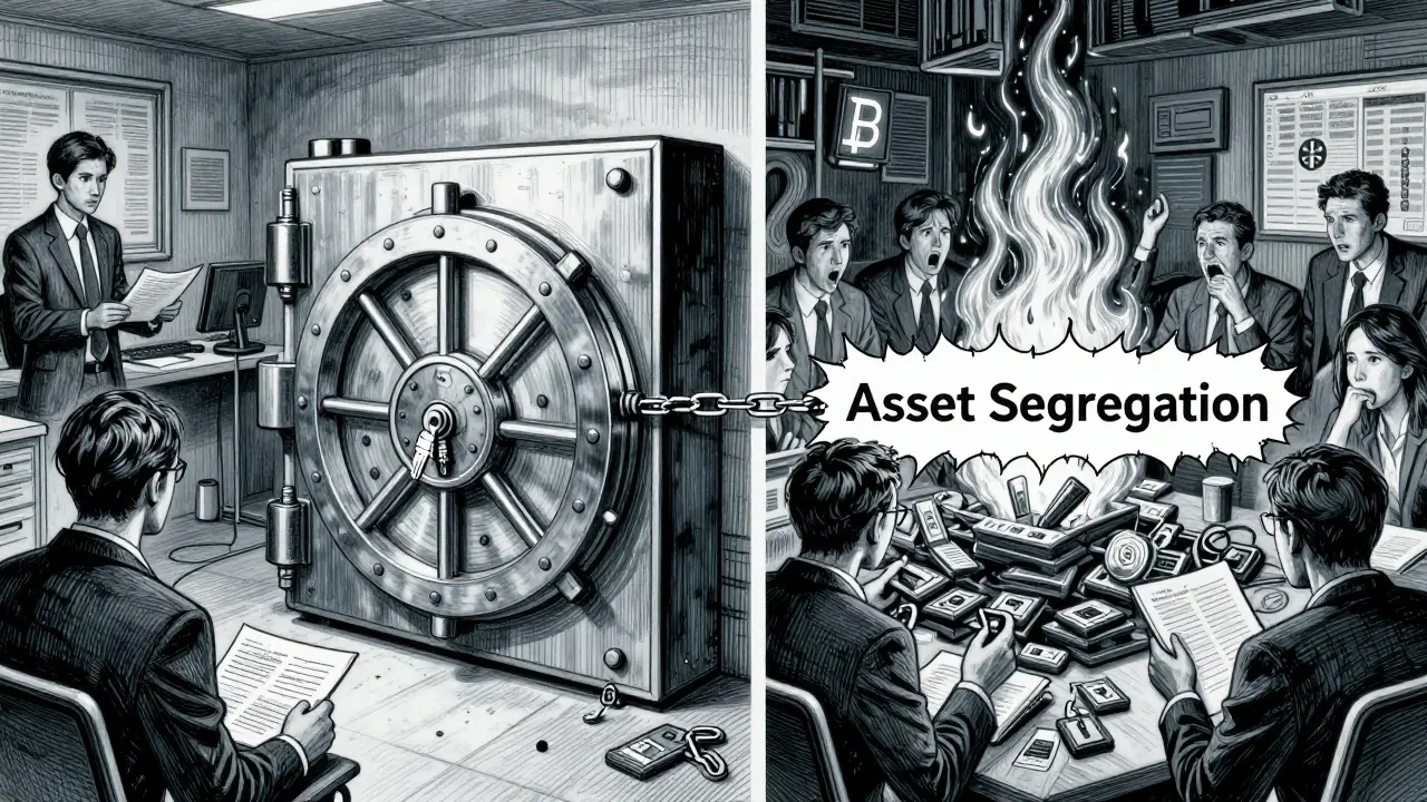 Secure cold wallet on one side, chaotic digital asset fire on the other, separated by a fraying chain labeled 'Asset Segregation'.