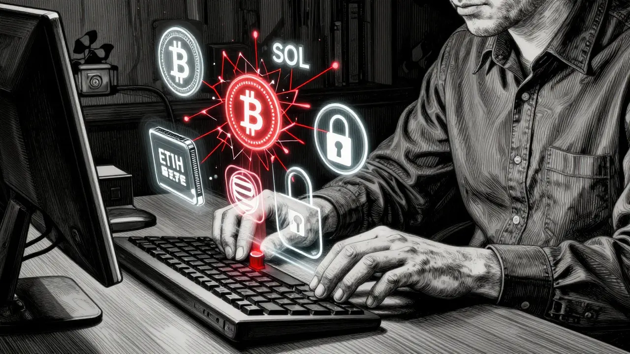 Trader freezing account as crypto symbols float, some secured in cold wallets, others breaking.