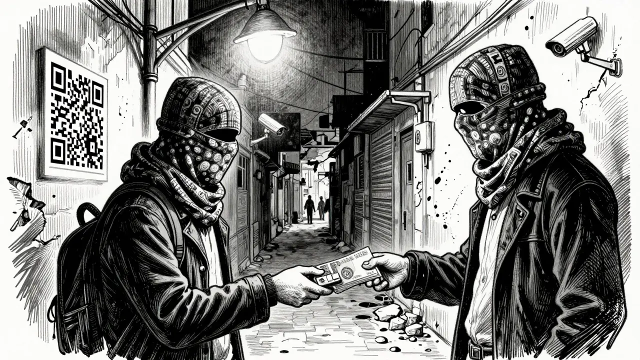 Two individuals exchange crypto for cash in a dark alley, hidden QR code glowing on a wall nearby.